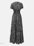 Full Size Smocked V-Neck Dress with Printed Short Sleeves - EBYNN