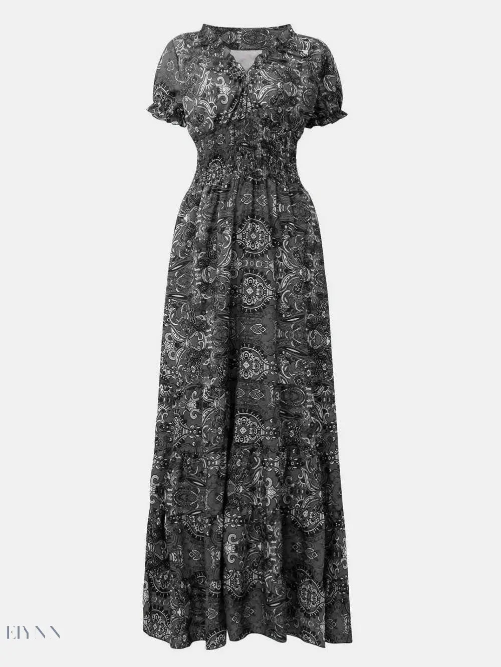 Full Size Smocked V-Neck Dress with Printed Short Sleeves - EBYNN