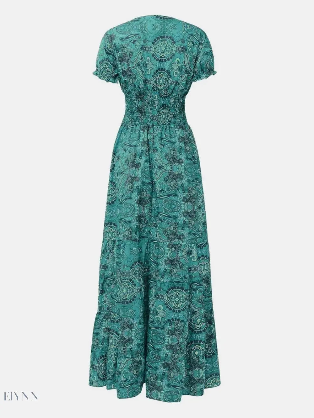 Full Size Smocked V-Neck Dress with Printed Short Sleeves - EBYNN