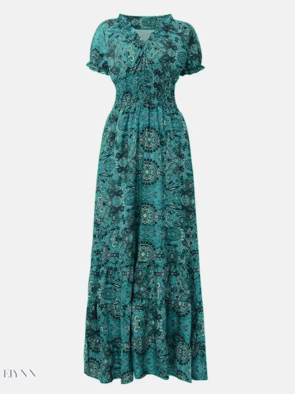 Full Size Smocked V-Neck Dress with Printed Short Sleeves - EBYNN