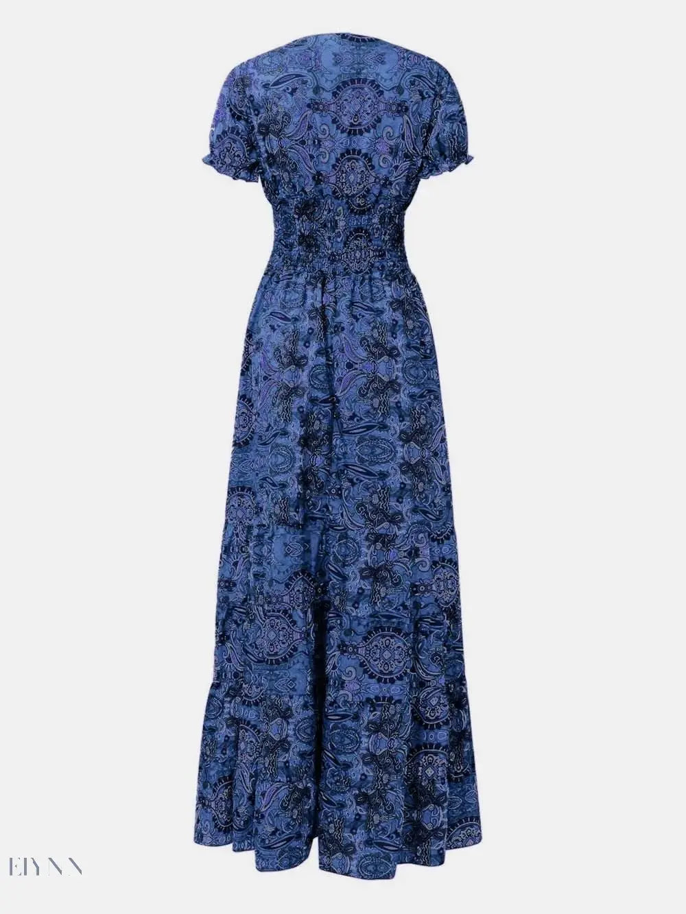 Full Size Smocked V-Neck Dress with Printed Short Sleeves - EBYNN