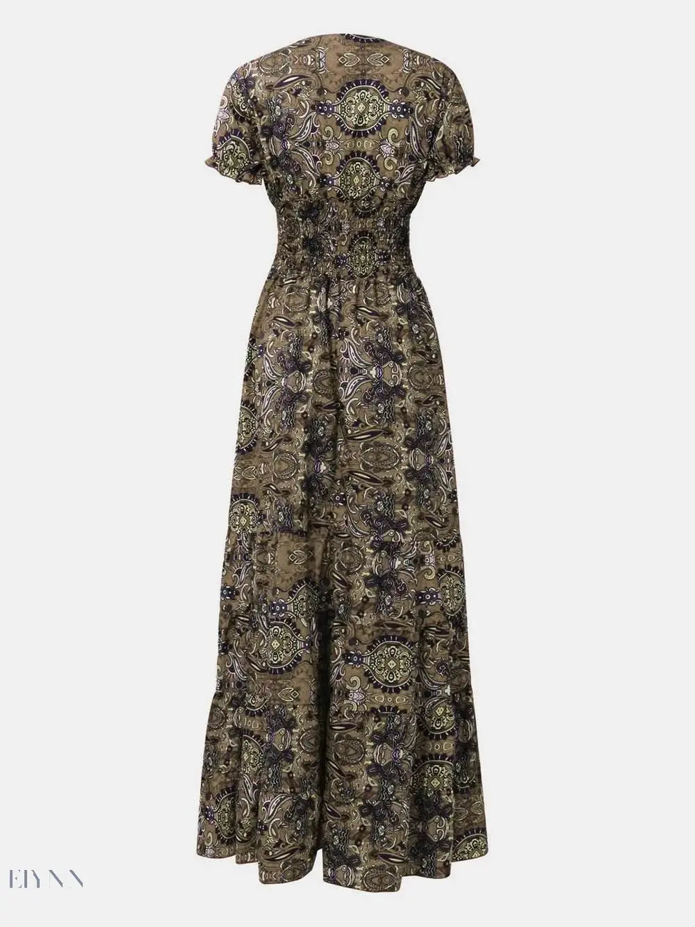 Full Size Smocked V-Neck Dress with Printed Short Sleeves - EBYNN