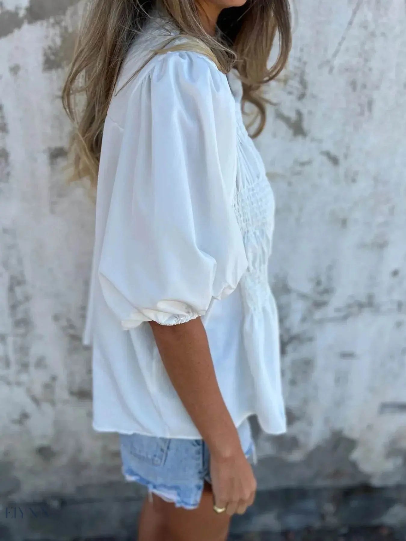 Plus Size Puff Sleeve Blouse with Smocked Design - EBYNN