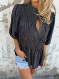 Plus Size Puff Sleeve Blouse with Smocked Design - EBYNN
