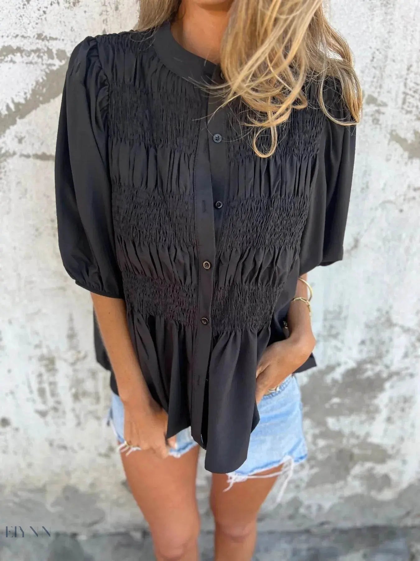 Plus Size Puff Sleeve Blouse with Smocked Design - EBYNN