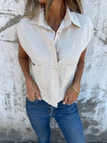 Plus Size Sleeveless Shirt - Textured Button-Front Design - EBYNN