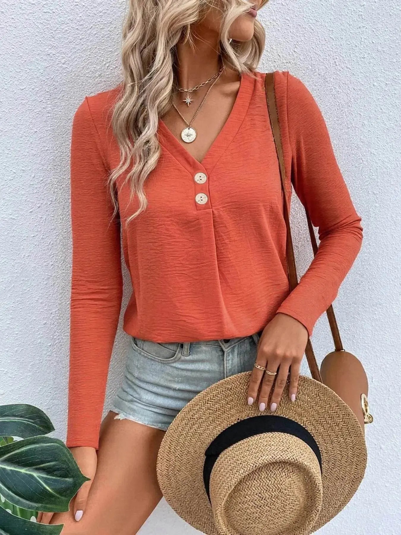 Plus Size Long Sleeve T-Shirt with V-Neck for Every Body - EBYNN