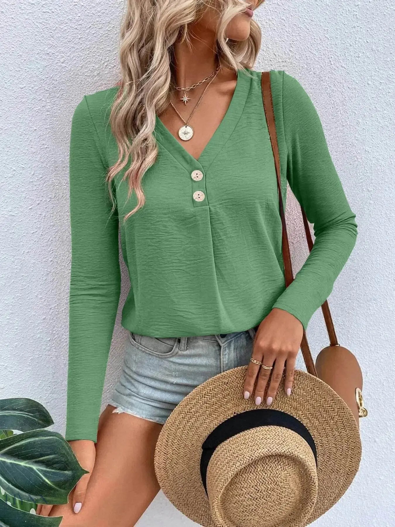 Plus Size Long Sleeve T-Shirt with V-Neck for Every Body - EBYNN