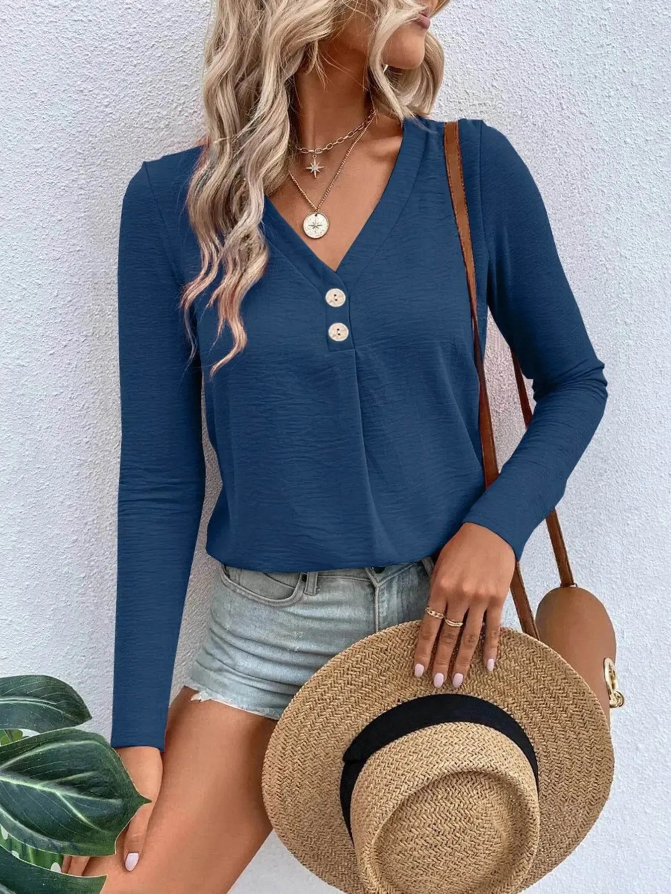 Plus Size Long Sleeve T-Shirt with V-Neck for Every Body - EBYNN