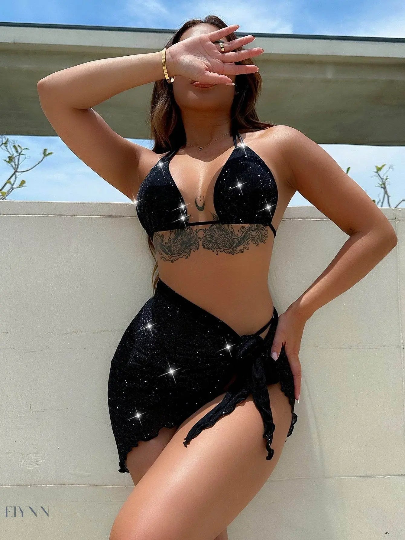 Glitter Halter Neck Backless Three-Piece Swim Set - EBYNN