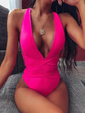 Halter Neck Deep V Tied One-Piece Swimsuit - EBYNN