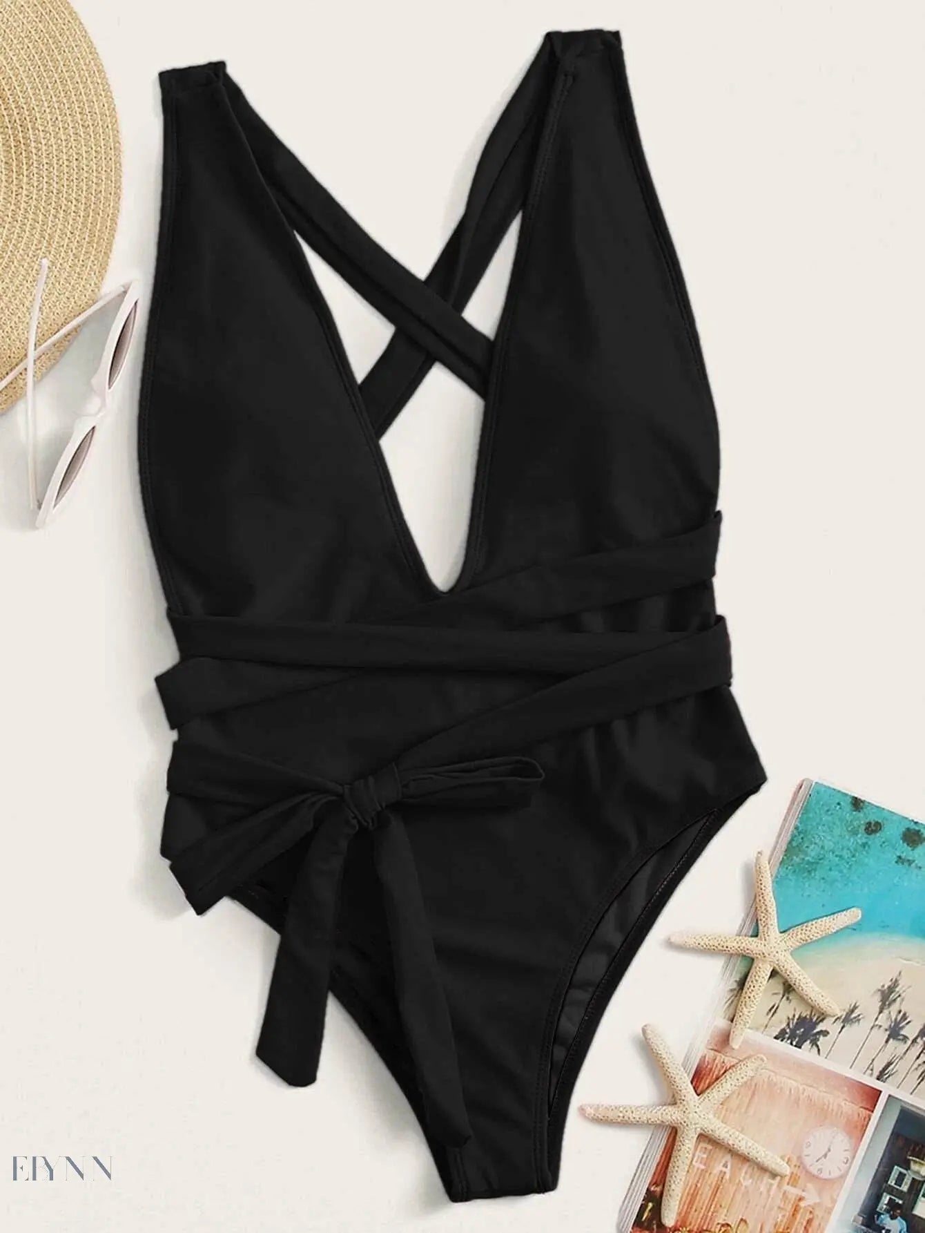 Halter Neck Deep V Tied One-Piece Swimsuit - EBYNN