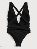 Halter Neck Deep V Tied One-Piece Swimsuit - EBYNN