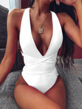 Halter Neck Deep V Tied One-Piece Swimsuit - EBYNN
