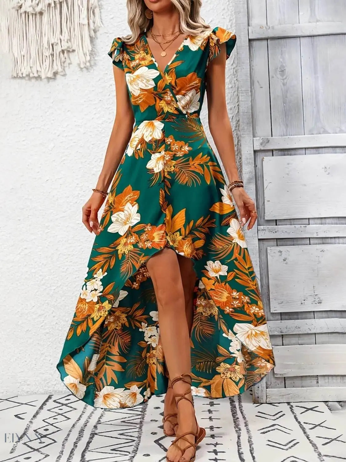 High-Low Printed Cap Sleeve Maxi Dress - EBYNN
