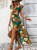 High-Low Printed Cap Sleeve Maxi Dress - EBYNN