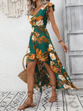 High-Low Printed Cap Sleeve Maxi Dress - EBYNN