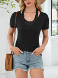 Lace Detail T-Shirt with Short Sleeves for Effortless Style - EBYNN