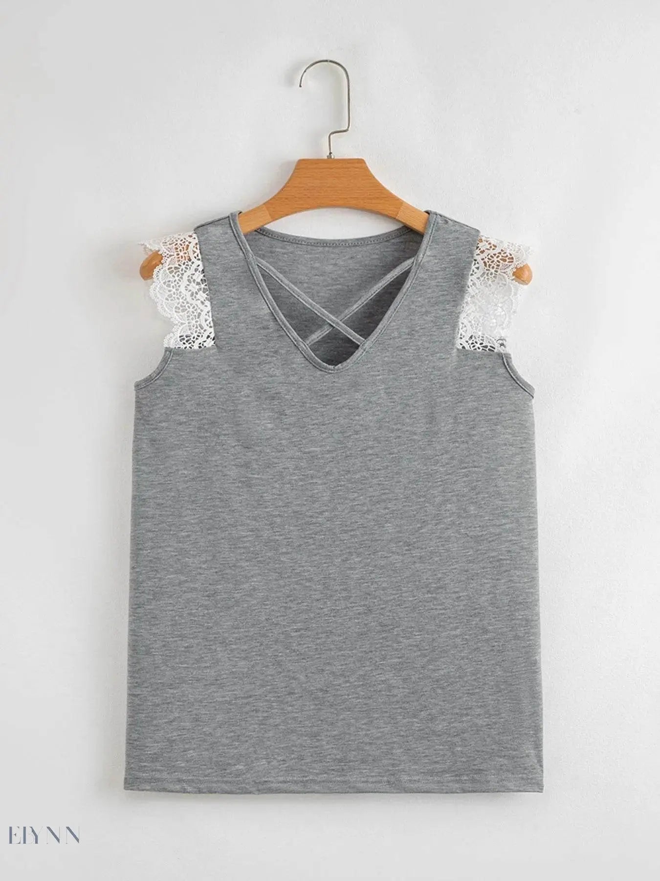 Lace Trim V-Neck Tank Top with Cross-Front Design - EBYNN