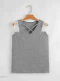 Lace Trim V-Neck Tank Top with Cross-Front Design - EBYNN