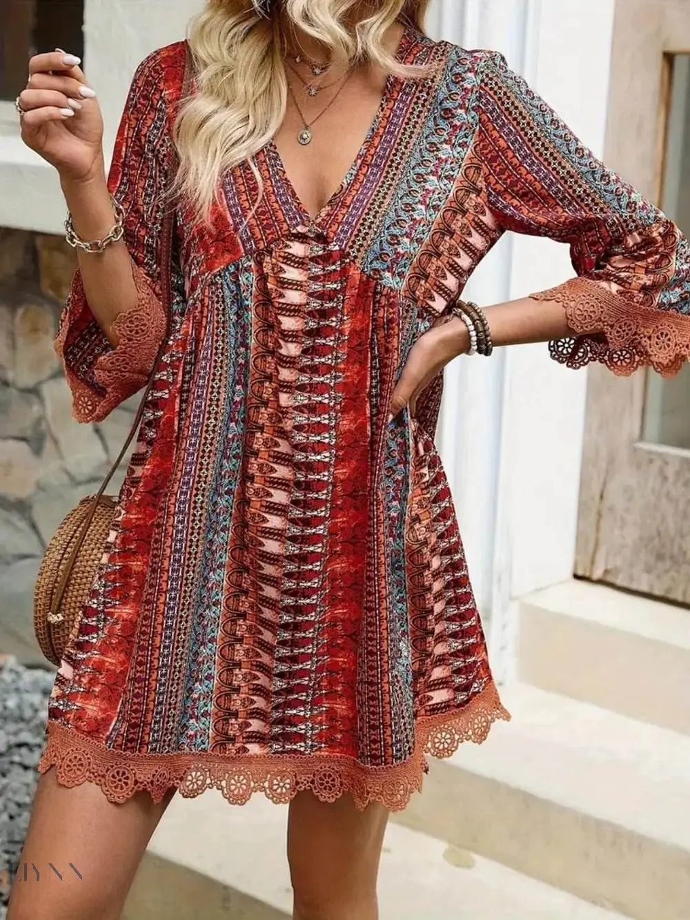 Lace Trim V-Neck Dress with 3/4 Sleeves and Stylish Print - EBYNN