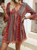 Lace Trim V-Neck Dress with 3/4 Sleeves and Stylish Print - EBYNN