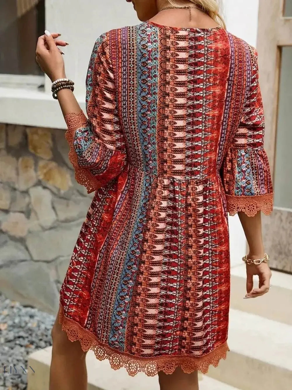 Lace Trim V-Neck Dress with 3/4 Sleeves and Stylish Print - EBYNN