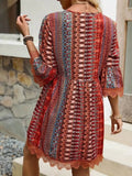 Lace Trim V-Neck Dress with 3/4 Sleeves and Stylish Print - EBYNN