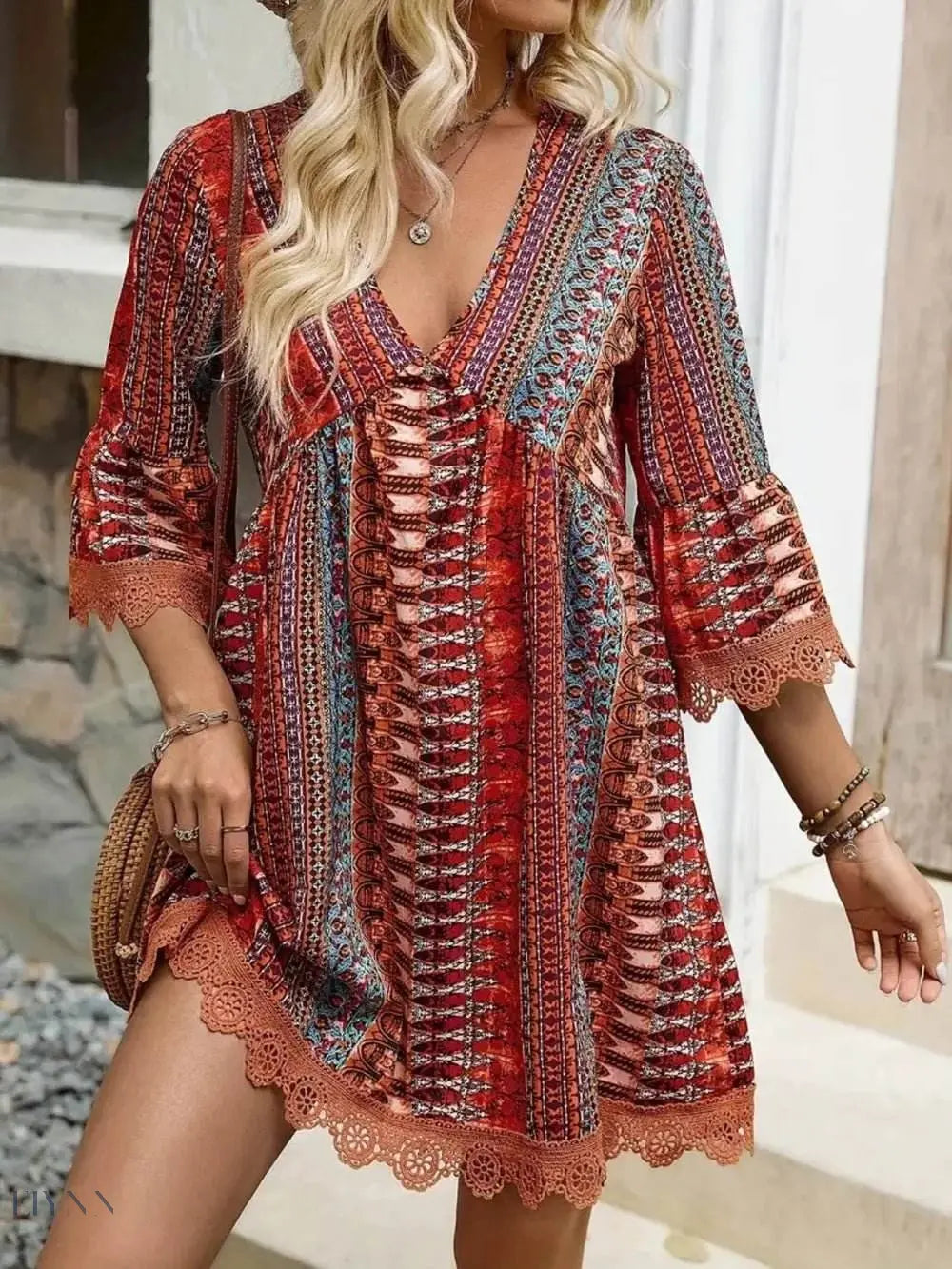 Lace Trim V-Neck Dress with 3/4 Sleeves and Stylish Print - EBYNN