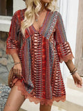 Lace Trim V-Neck Dress with 3/4 Sleeves and Stylish Print - EBYNN