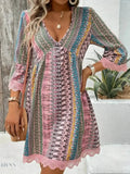 Lace Trim V-Neck Dress with 3/4 Sleeves and Stylish Print - EBYNN