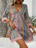 Lace Trim V-Neck Dress with 3/4 Sleeves and Stylish Print - EBYNN