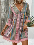 Lace Trim V-Neck Dress with 3/4 Sleeves and Stylish Print - EBYNN