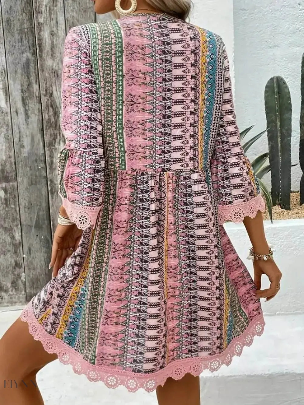 Lace Trim V-Neck Dress with 3/4 Sleeves and Stylish Print - EBYNN