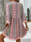 Lace Trim V-Neck Dress with 3/4 Sleeves and Stylish Print - EBYNN