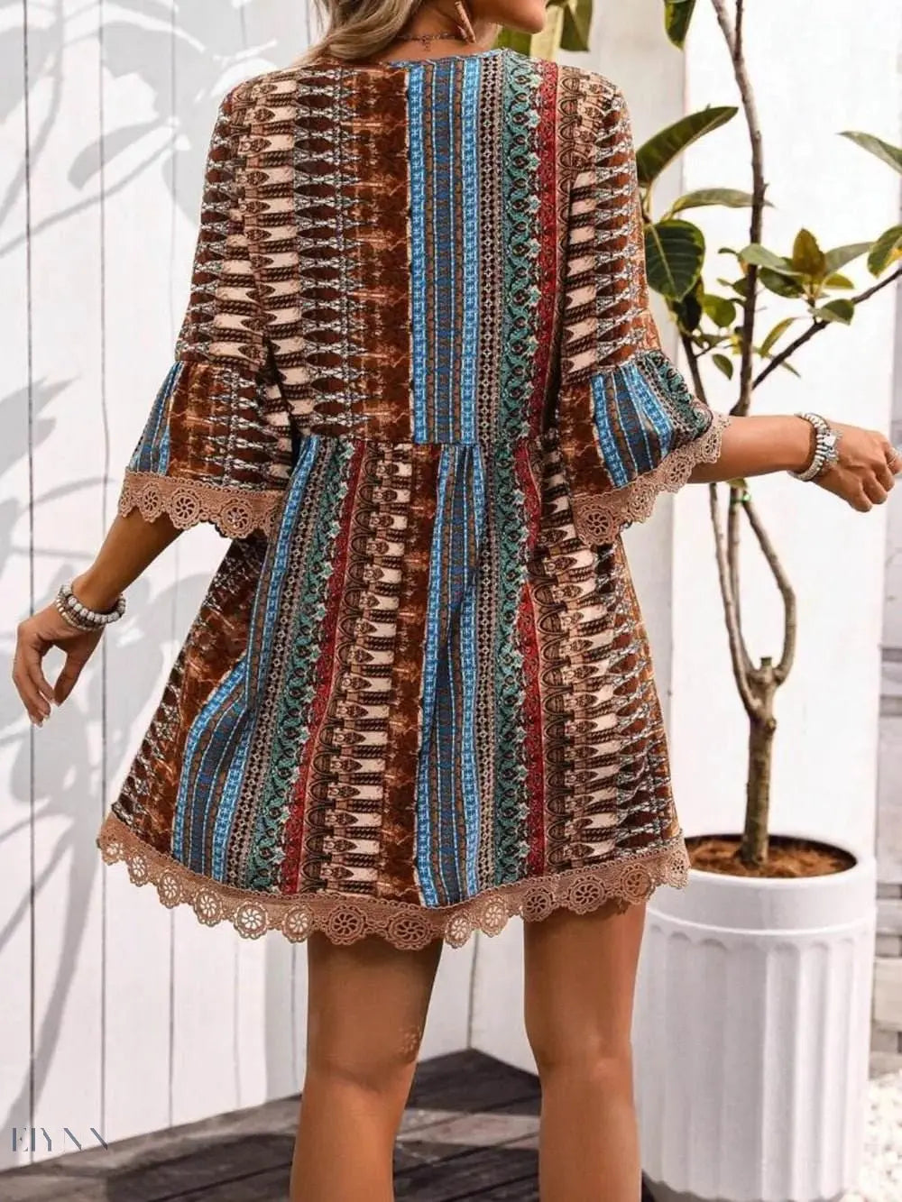 Lace Trim V-Neck Dress with 3/4 Sleeves and Stylish Print - EBYNN