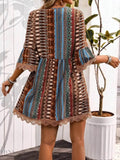 Lace Trim V-Neck Dress with 3/4 Sleeves and Stylish Print - EBYNN