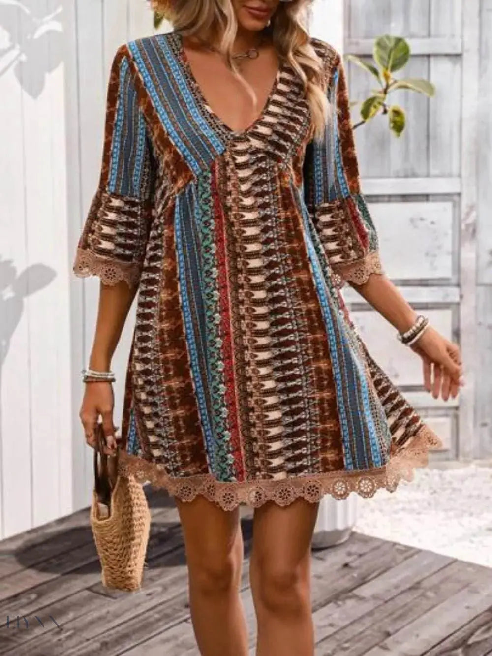 Lace Trim V-Neck Dress with 3/4 Sleeves and Stylish Print - EBYNN
