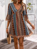 Lace Trim V-Neck Dress with 3/4 Sleeves and Stylish Print - EBYNN