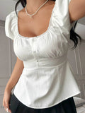 Lace Trim Puff Sleeve Top with Square Neck Design - EBYNN
