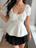 Lace Trim Puff Sleeve Top with Square Neck Design - EBYNN