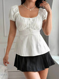 Lace Trim Puff Sleeve Top with Square Neck Design - EBYNN