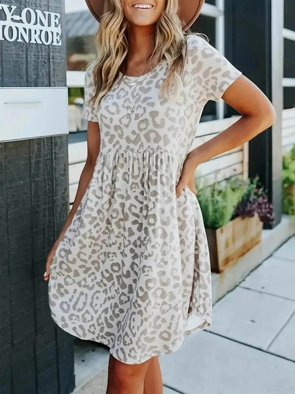 Leopard Print Mini Tee Dress - Short Sleeve Chic Style - EBYNN