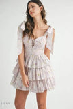 Floral Print Shoulder Tie Layered Mini Dress - EBYNN