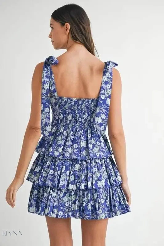 Floral Print Shoulder Tie Layered Mini Dress - EBYNN