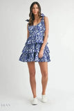 Floral Print Shoulder Tie Layered Mini Dress - EBYNN