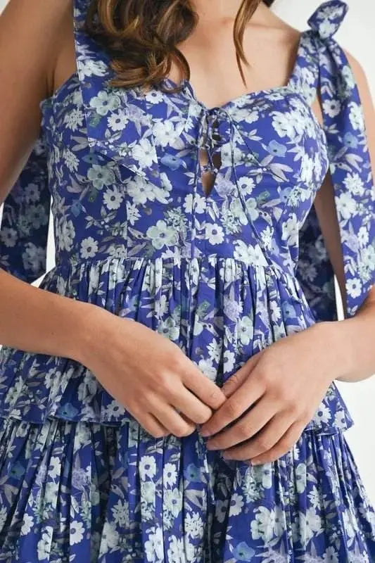 Floral Print Shoulder Tie Layered Mini Dress - EBYNN