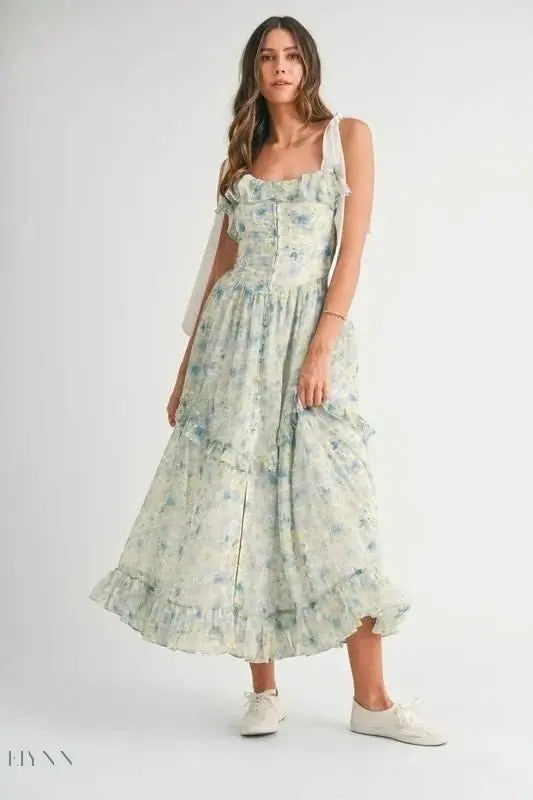 MABLE Floral Printed Shoulder Strap Midi Dress - EBYNN
