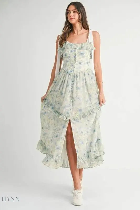 MABLE Floral Printed Shoulder Strap Midi Dress - EBYNN
