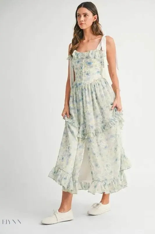 MABLE Floral Printed Shoulder Strap Midi Dress - EBYNN